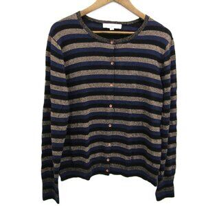 Loft Womens XL Wool Blend Striped Cardigan Sweater Button Front Blue Metallic
